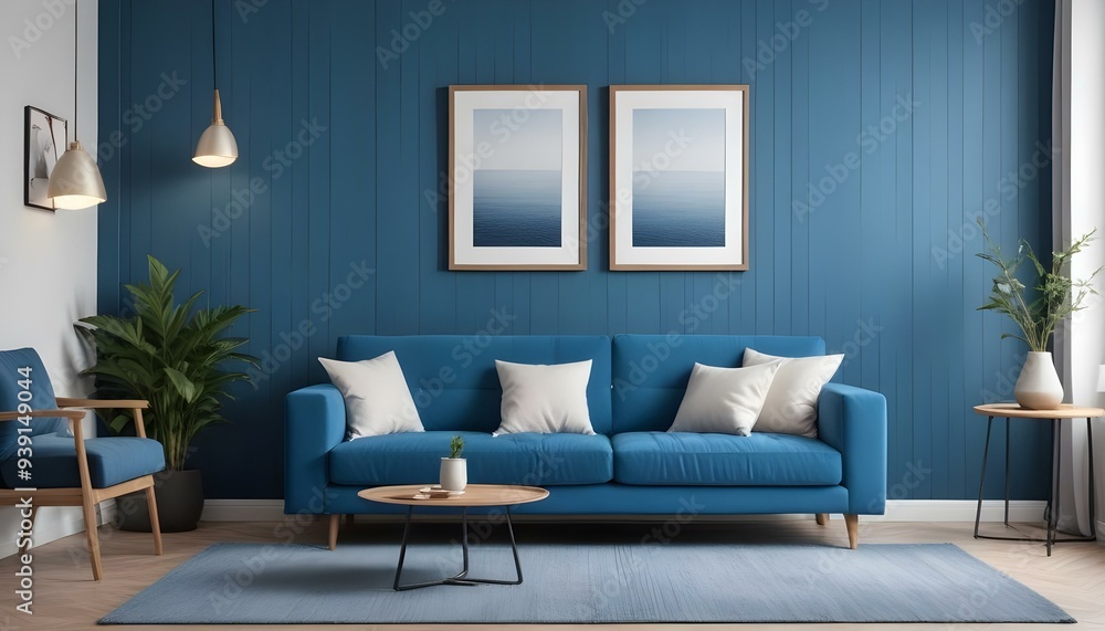 Interior mockup In a white room a blue sofa is placed next to a photo frame on the wall Interior mockup In a white room a blue sofa is placed next to a photo frame on the wall