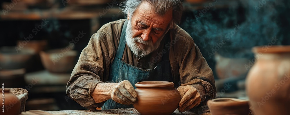 A master potter creating a piece of pottery using techniques and designs that have been used for centuries, emphasizing the continuation of cultural practices A master potter creating a piece of pottery using techniques and designs that have been used for centuries, emphasizing the continuation of cultural practices
