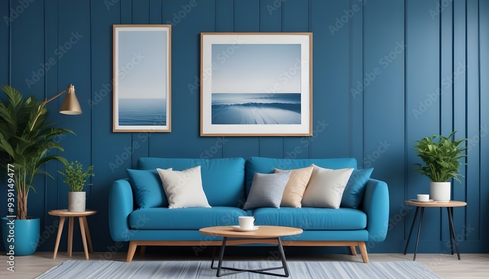 Interior mockup In a white room a blue sofa is placed next to a photo frame on the wall Interior mockup In a white room a blue sofa is placed next to a photo frame on the wall
