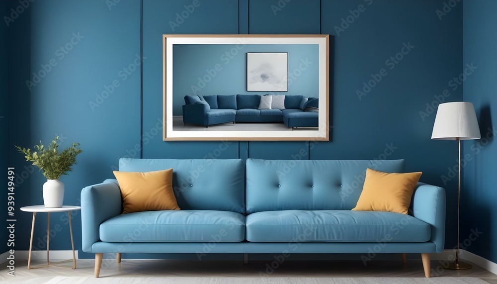 Interior mockup In a white room a blue sofa is placed next to a photo frame on the wall Interior mockup In a white room a blue sofa is placed next to a photo frame on the wall