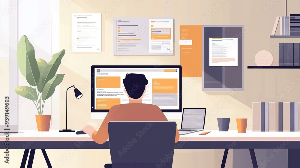 A technology freelance works on a computer from home. A technology freelance works on a computer from home.