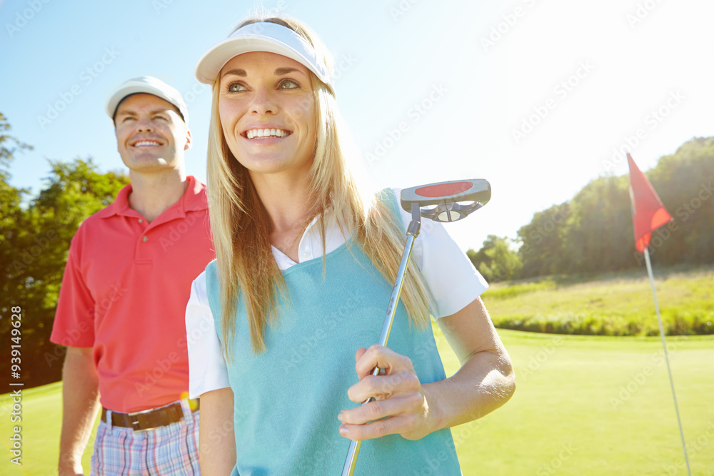 Golf course, woman and happy couple outdoor with club equipment for sport, game or thinking with putter. Golfers, man or partner in nature for exercise, hobby or competition practice together on turf Golf course, woman and happy couple outdoor with club equipment for sport, game or thinking with putter. Golfers, man or partner in nature for exercise, hobby or competition practice together on turf