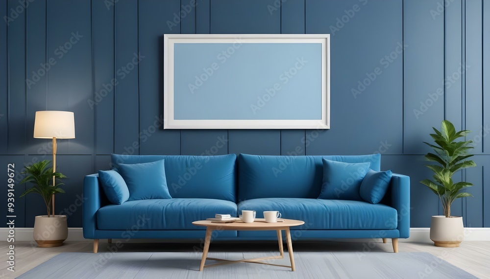 Interior mockup In a white room a blue sofa is placed next to a photo frame on the wall Interior mockup In a white room a blue sofa is placed next to a photo frame on the wall