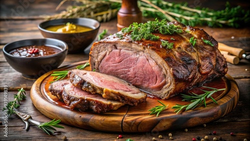 Juicy, slow-roasted prime rib with crispy, caramelized crust, served with au jus and garnished with fresh thyme, perfect for a special occasion dinner. photo