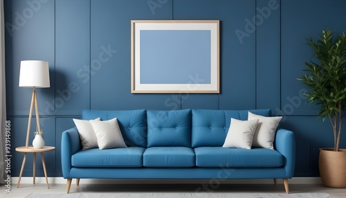 Interior mockup In a white room a blue sofa is placed next to a photo frame on the wall