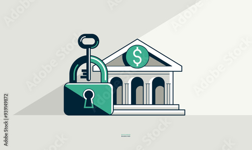 Secured banking concept poster, bank building with lock and key vector icon style illustration, safe banking operations, safe account padlock locked and private.