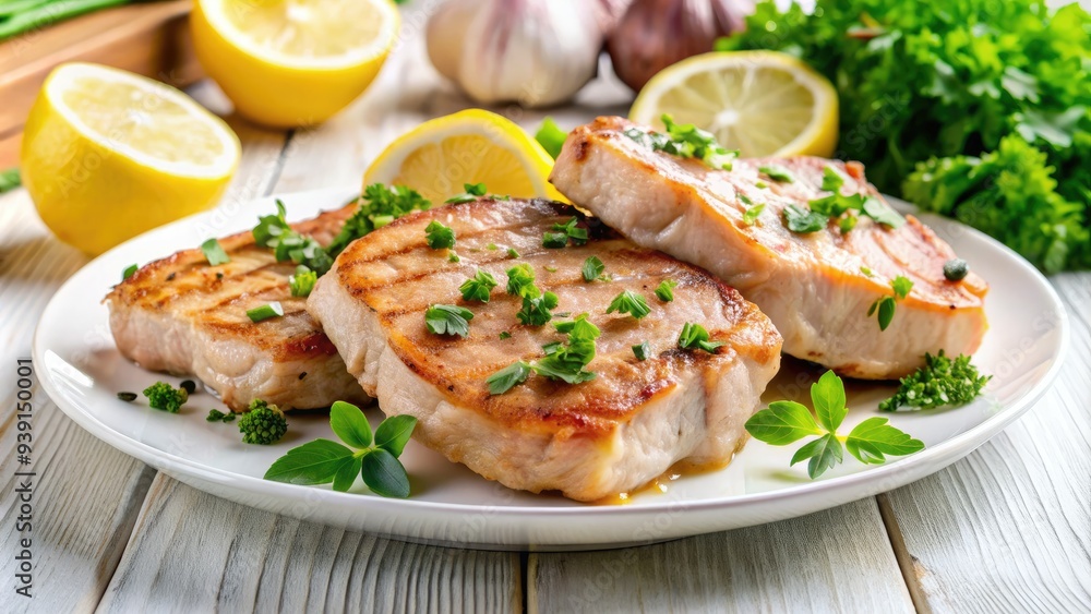 Juicy boneless pork chops are arranged on a white plate, garnished with fresh parsley and lemon wedges, against a bright and airy kitchen backdrop. Juicy boneless pork chops are arranged on a white plate, garnished with fresh parsley and lemon wedges, against a bright and airy kitchen backdrop.