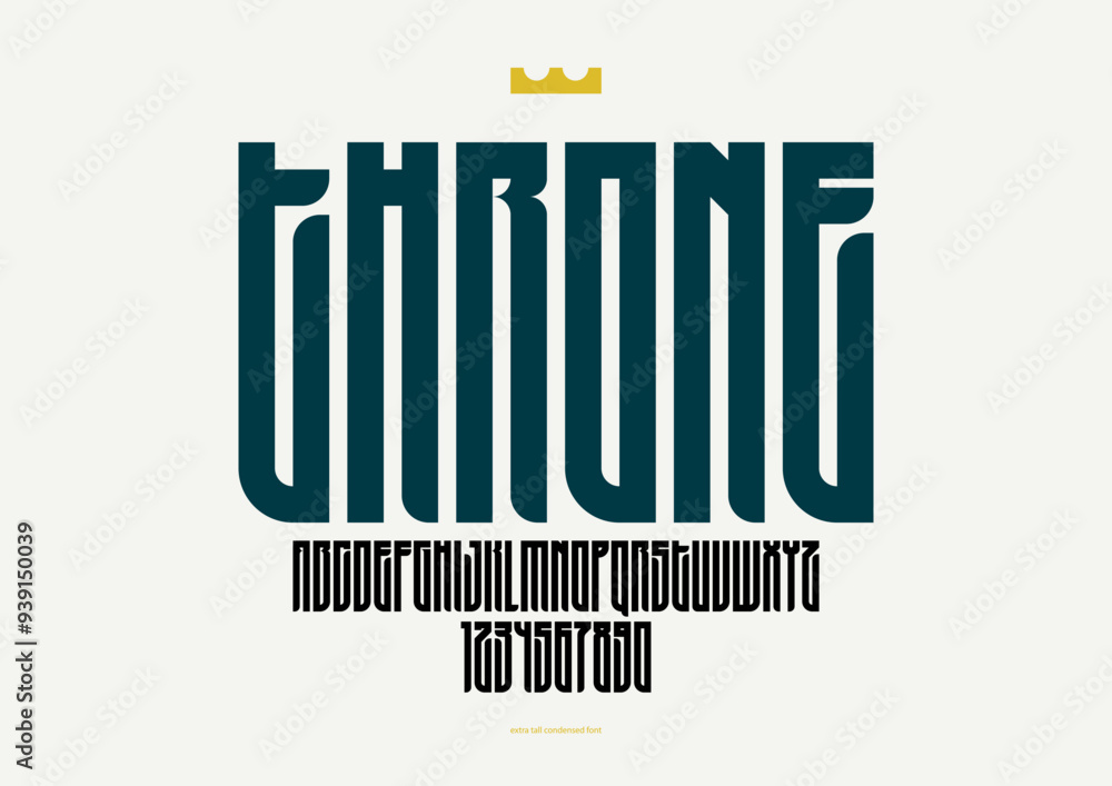 Condensed simple sans serif elegant display font for logos headers or slogans, vector tall and beautiful geometric typeface, uppercase letters alphabet with numbers, poster and advertising. Condensed simple sans serif elegant display font for logos headers or slogans, vector tall and beautiful geometric typeface, uppercase letters alphabet with numbers, poster and advertising.