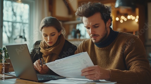 Young unhappy family paying utility bills online on laptop Stressed man sitting at table with documents and calculator filling in papers calculating domestic expenses together with his : Generative AI