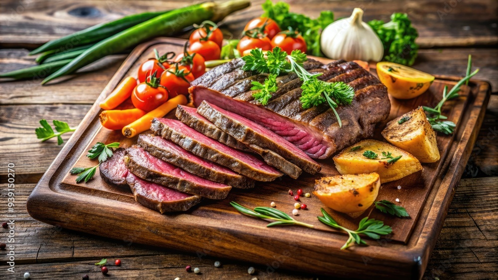 Juicy grilled steak sliced into thin strips, garnished with fresh parsley and served with roasted vegetables, all arranged artfully on a rustic wooden platter. Juicy grilled steak sliced into thin strips, garnished with fresh parsley and served with roasted vegetables, all arranged artfully on a rustic wooden platter.