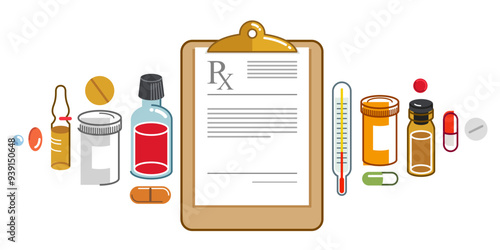 RX doctor prescription with different drugs and medicine vector flat style illustration isolated over white, advertising banner health care and healing medical theme design.