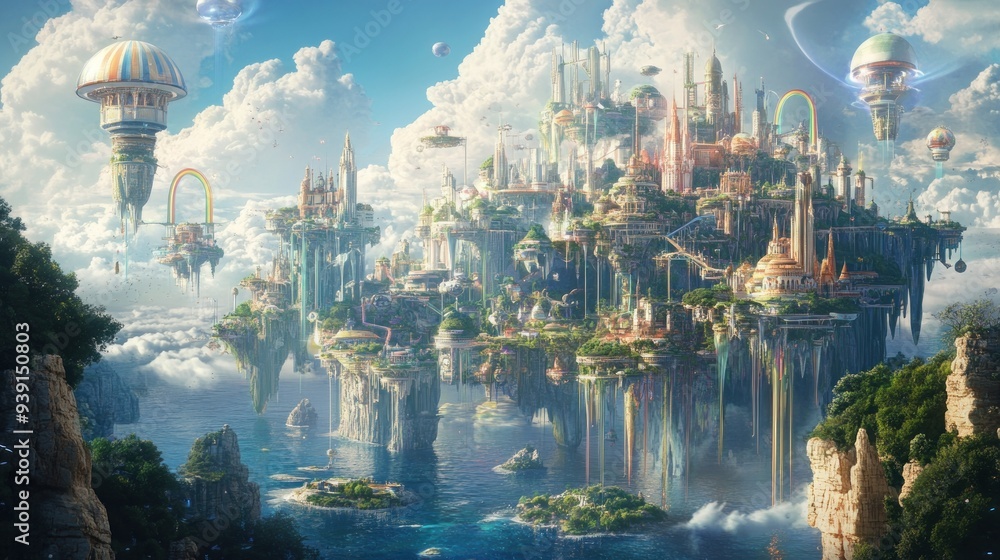 Obraz premium A Floating City With Buildings, Trees, and a Rainbow