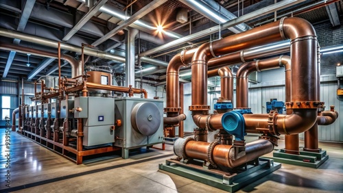 Large industrial water-cooled chillers with copper pipes and gauges, standing side by side in a dimly lit, concrete-floored mechanical room or data center. photo