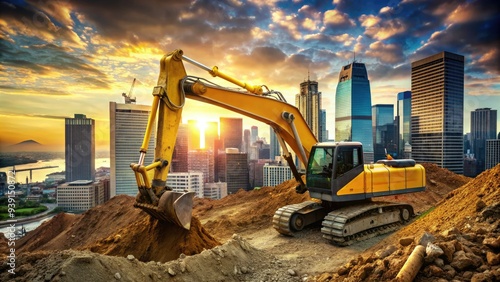 Large yellow excavator digging into rugged earth terrain, surrounded by heavy machinery and trucks, with urban development and skyscrapers in the background. photo