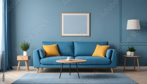 Interior mockup In a white room a blue sofa is placed next to a photo frame on the wall