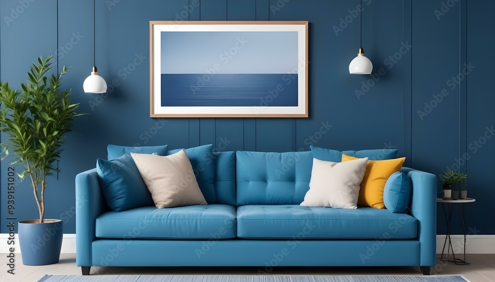 Interior mockup In a white room a blue sofa is placed next to a photo frame on the wall Interior mockup In a white room a blue sofa is placed next to a photo frame on the wall