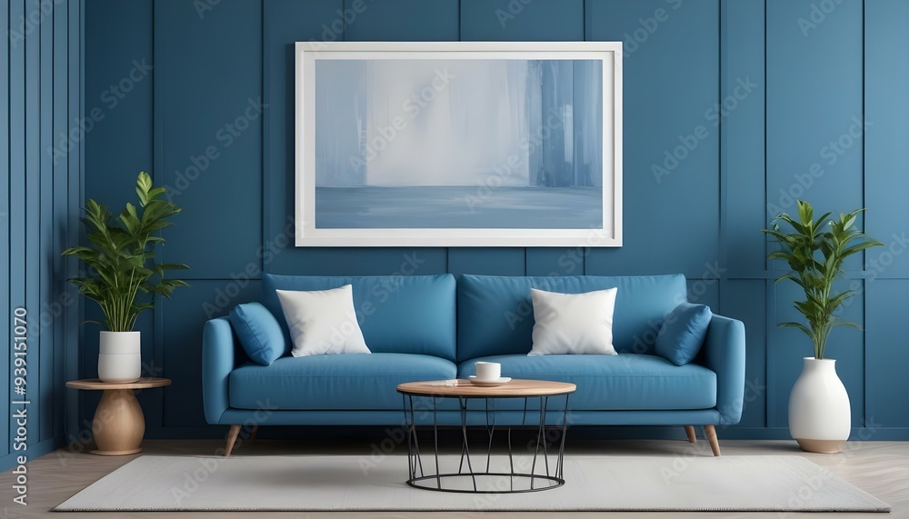 Interior mockup In a white room a blue sofa is placed next to a photo frame on the wall Interior mockup In a white room a blue sofa is placed next to a photo frame on the wall