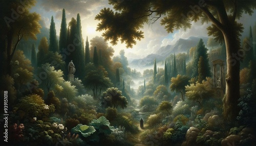 A serene and lush landscape painting, featuring a variety of trees, plants, and classical architecture under a soft, glowing sky. A solitary figure walks towards the mountains in the distance, adding  photo