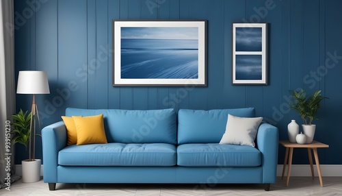 Interior mockup In a white room a blue sofa is placed next to a photo frame on the wall