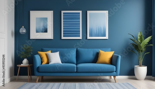 Interior mockup In a white room a blue sofa is placed next to a photo frame on the wall