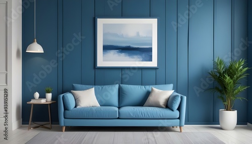 Interior mockup In a white room a blue sofa is placed next to a photo frame on the wall