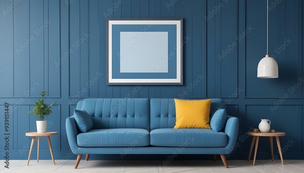 Interior mockup In a white room a blue sofa is placed next to a photo frame on the wall Interior mockup In a white room a blue sofa is placed next to a photo frame on the wall