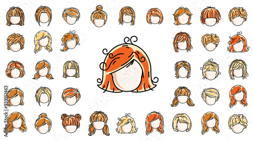 Woman hairstyles heads vector illustrations set isolated on white background, girl attractive beautiful haircuts collection, different hair color.
