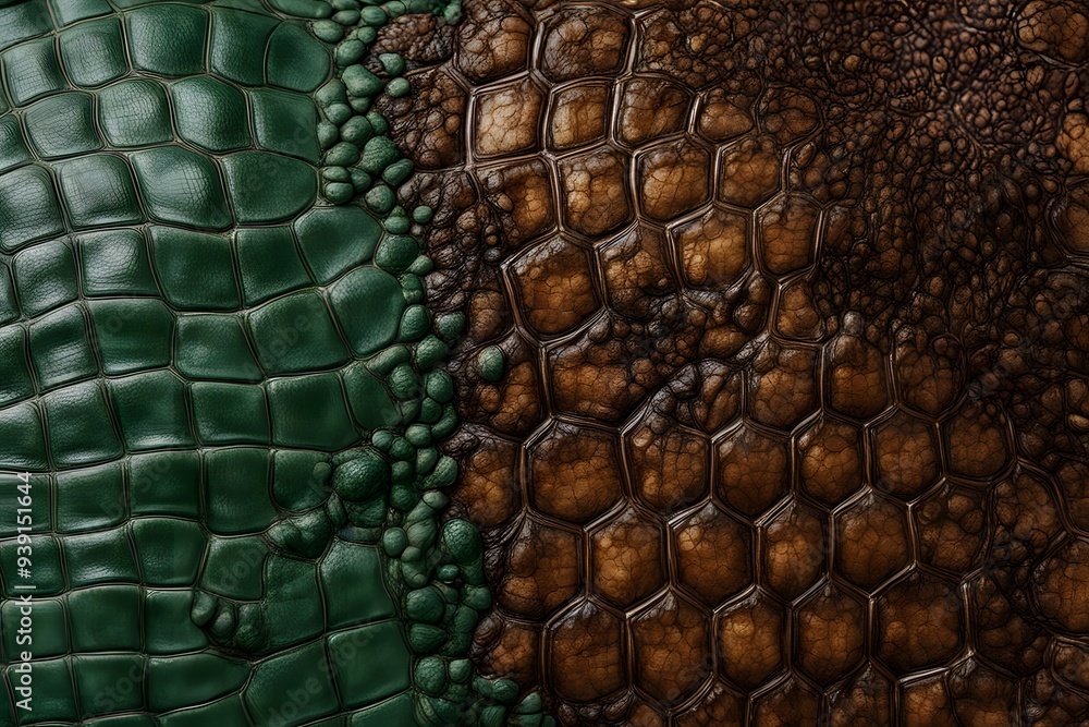 A close up of crocodile skin texture with dark green and brown scales, AI Generated