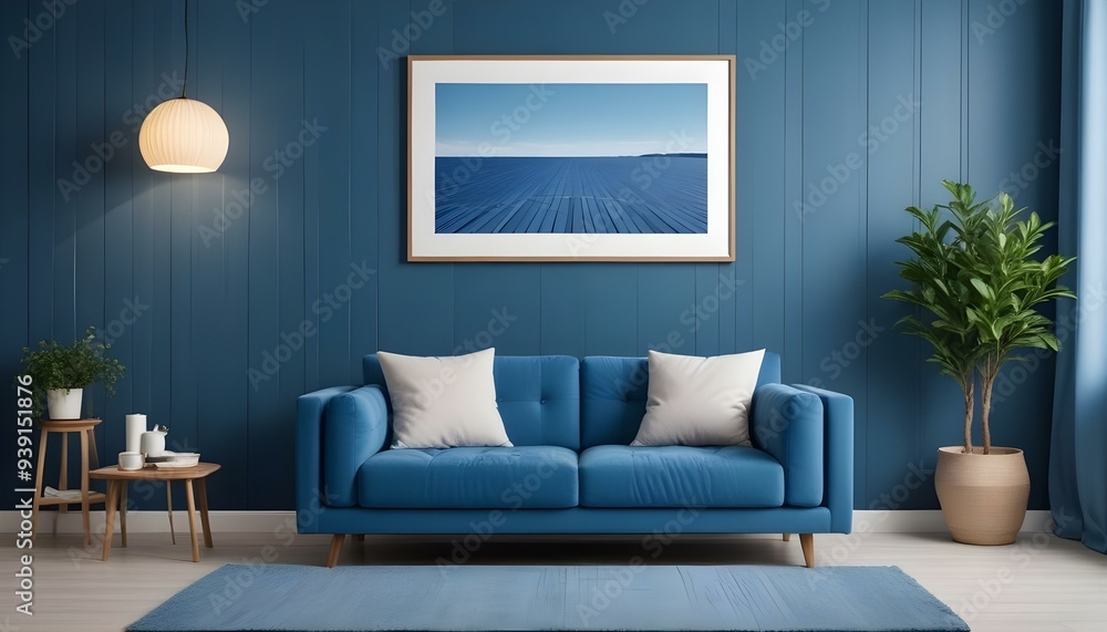 Interior mockup In a white room a blue sofa is placed next to a photo frame on the wall Interior mockup In a white room a blue sofa is placed next to a photo frame on the wall
