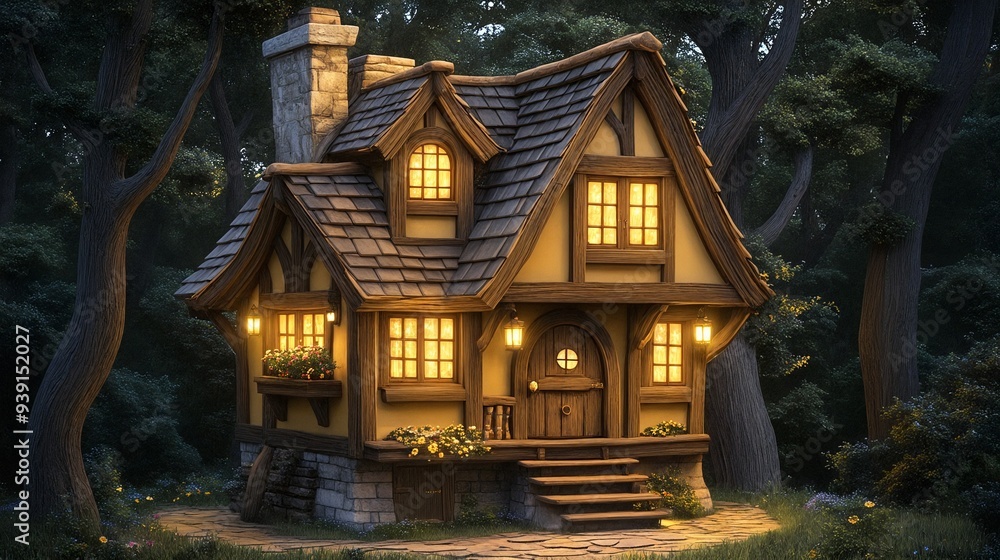 custom made wallpaper toronto digitalCharming Forest Cottage Surrounded By Lush Trees Warm Glowing Lights Rustic Architecture Serene Garden Pathway