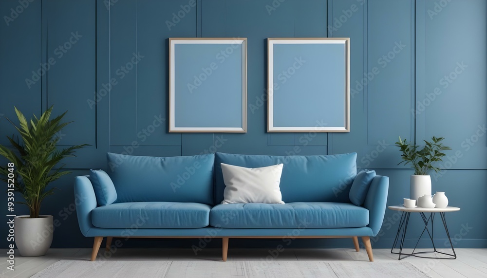 Interior mockup In a white room a blue sofa is placed next to a photo frame on the wall Interior mockup In a white room a blue sofa is placed next to a photo frame on the wall