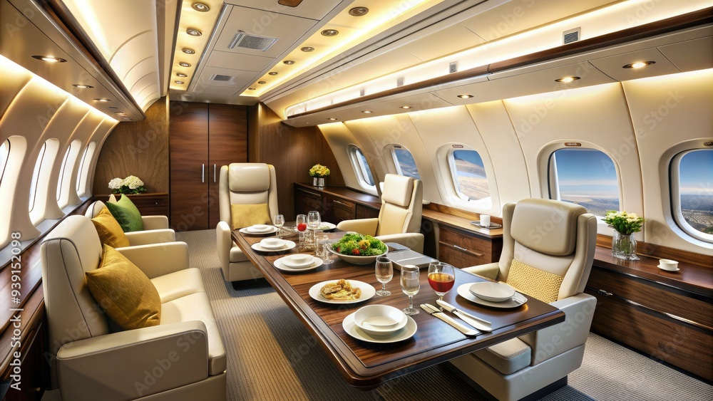 Luxurious airplane cabin offers opulent amenities, spacious seating, and gourmet meal service, epitomizing refinement and sophistication in high-end air travel experience. Luxurious airplane cabin offers opulent amenities, spacious seating, and gourmet meal service, epitomizing refinement and sophistication in high-end air travel experience.