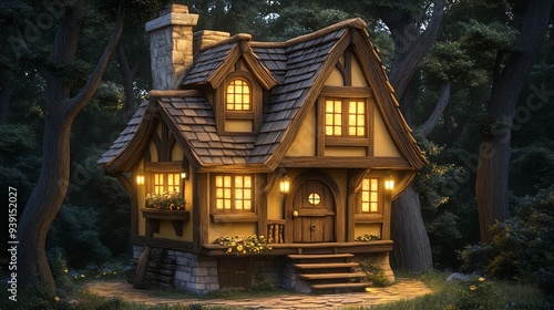 Wallpaper Mural Charming Forest Cottage Surrounded By Lush Trees Warm Glowing Lights Rustic Architecture Serene Garden Pathway Torontodigital.ca