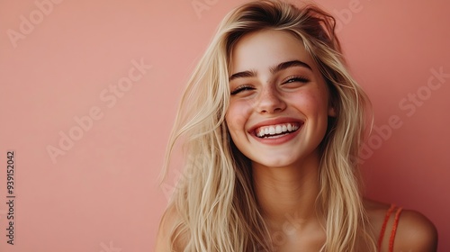 Isolated shot of joyful blonde young cute woman laughs joyfully as hears funny anecdote from friend has long light hair poses against pink studio wall Happiness and positive emotions c : Generative AI photo