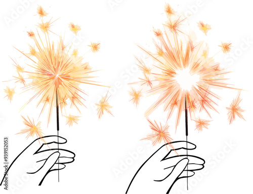 Red Bengal fire set drawing vector clip art festive greeting cards, invitations, banners. Small firework on stick Happy New Year party invitation sparkler firework illustration. Magic wand accessory