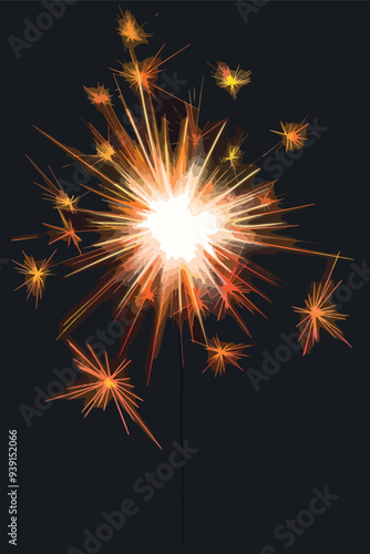 Red Bengal fire set drawing vector clip art festive greeting cards, invitations, banners. Small firework on stick Happy New Year party invitation sparkler firework illustration. Magic wand accessory
