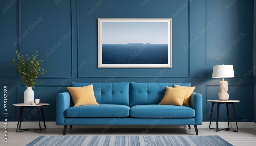 Interior mockup In a white room a blue sofa is placed next to a photo frame on the wall Interior mockup In a white room a blue sofa is placed next to a photo frame on the wall