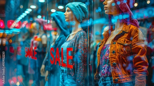 Mannequins dressed in fashionable apparel catch the eye in a bustling shopping district, their bright colors complemented by striking sale signs, inviting shoppers photo