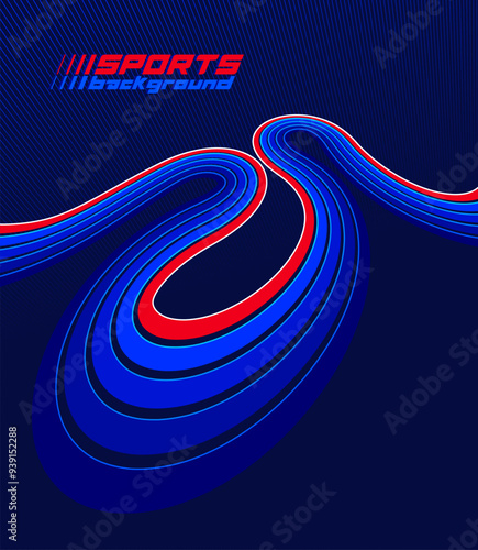 Sports background vector abstract lines in 3D dimensional rotation, dark red and blue dynamic layout for sport games or racing and running activities.