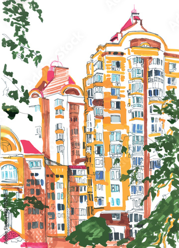 Yellow multistory building painted  marker watercolor drawing isolated on white background tree branches. modern european architecture white empty space sky. artist painted architecture illustration
