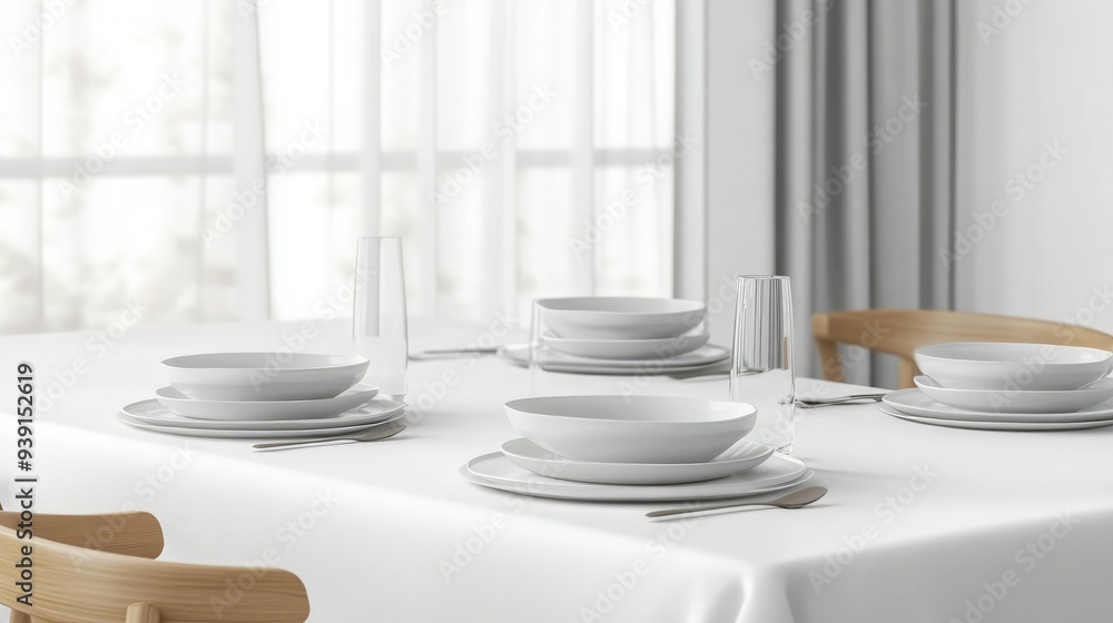 Blank white table runner and dishes mockup crop, interior background 3 dimension Blank white table runner and dishes mockup crop, interior background 3 dimension