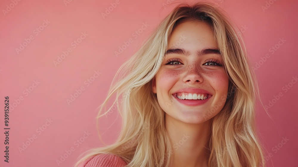 Fototapeta premium Isolated shot of joyful blonde young cute woman laughs joyfully as hears funny anecdote from friend has long light hair poses against pink studio wall Happiness and positive emotions c : Generative AI