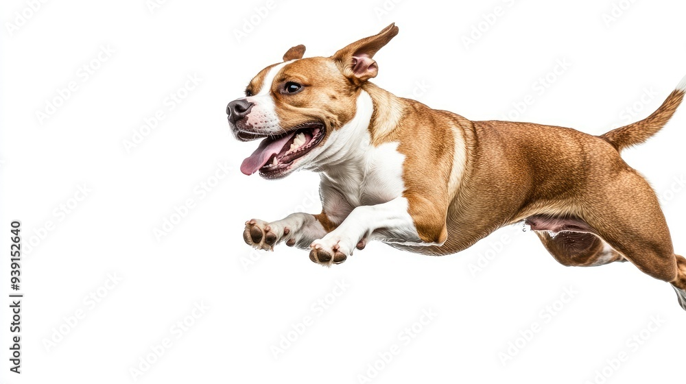 Cheerful dog in close-up as it jumps from the water, isolated on a stark white background for a vibrant look Cheerful dog in close-up as it jumps from the water, isolated on a stark white background for a vibrant look