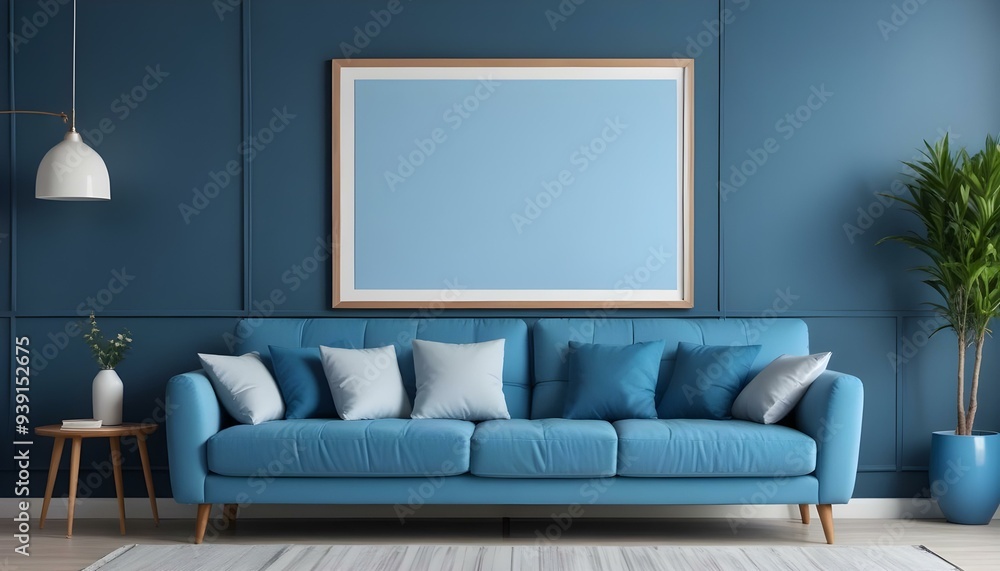 Interior mockup In a white room a blue sofa is placed next to a photo frame on the wall Interior mockup In a white room a blue sofa is placed next to a photo frame on the wall