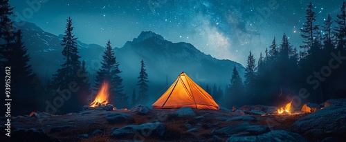 Beneath a vast expanse of stars, a glowing tent stands prominently amidst towering trees and rocky terrain, while two campfires crackle warmly nearby photo