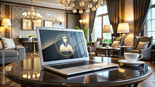 Luxurious digital assistant icon on a modern laptop screen, surrounded by elegant furnishings, symbolizing premium online concierge services for discerning clients. photo