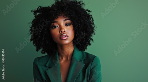 Glamorous Black Woman Dressed in Green for Fashion Magazine Shoot photo