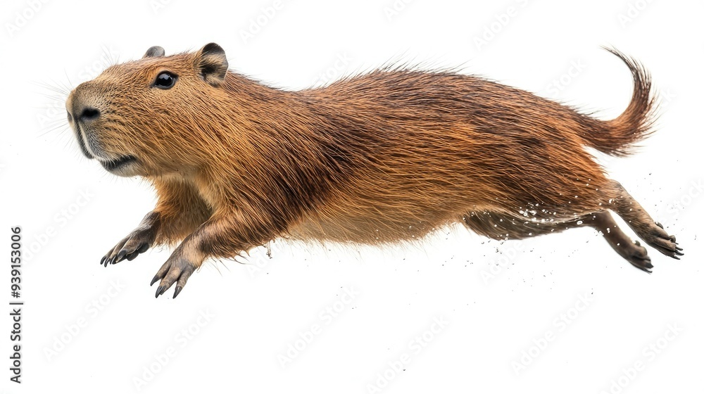 Close-up of a cheerful capybara leaping from the water, isolated on a clean white background with no people Close-up of a cheerful capybara leaping from the water, isolated on a clean white background with no people