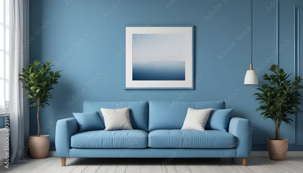 Interior mockup In a white room a blue sofa is placed next to a photo frame on the wall Interior mockup In a white room a blue sofa is placed next to a photo frame on the wall