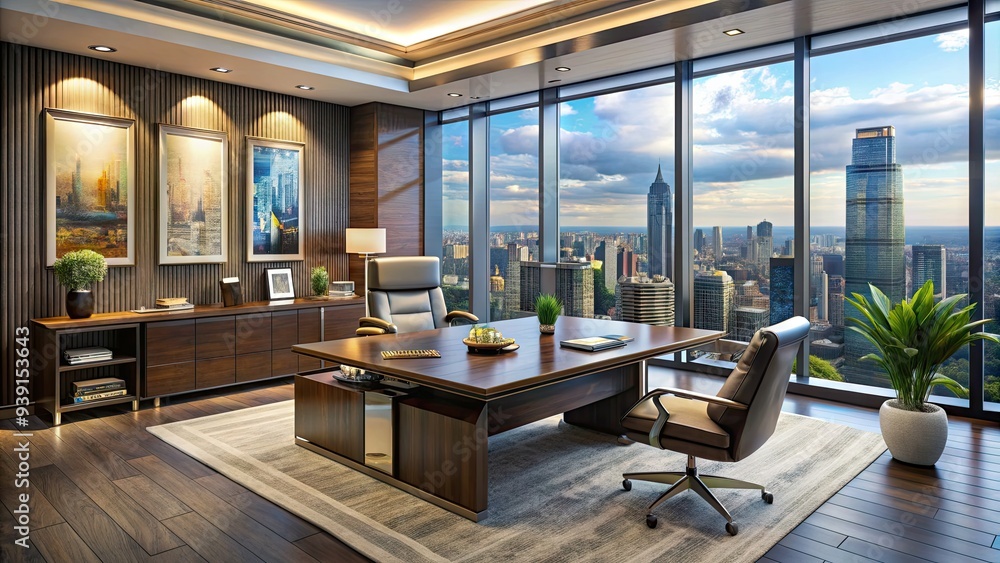 Luxurious office interior with sleek furniture, city skyline view, and expensive artwork, conveying a sense of high-end professionalism and exceptional financial success. Luxurious office interior with sleek furniture, city skyline view, and expensive artwork, conveying a sense of high-end professionalism and exceptional financial success.